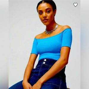 White House Black Market FORME Off-the-Shoulder Rib Top Blue NWT size S